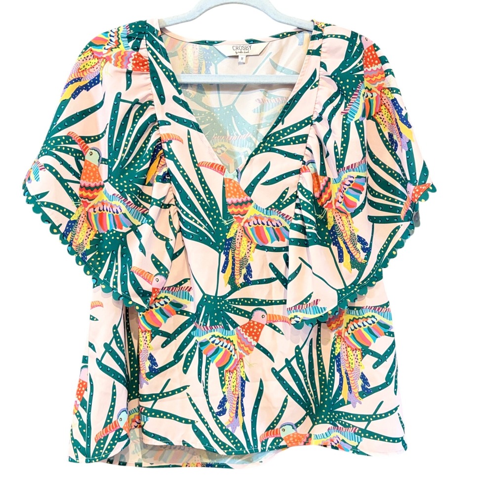Crosby by Mollie Burch Tropical Bird Palm Print Flutter Sleeve V-Neck Top Medium